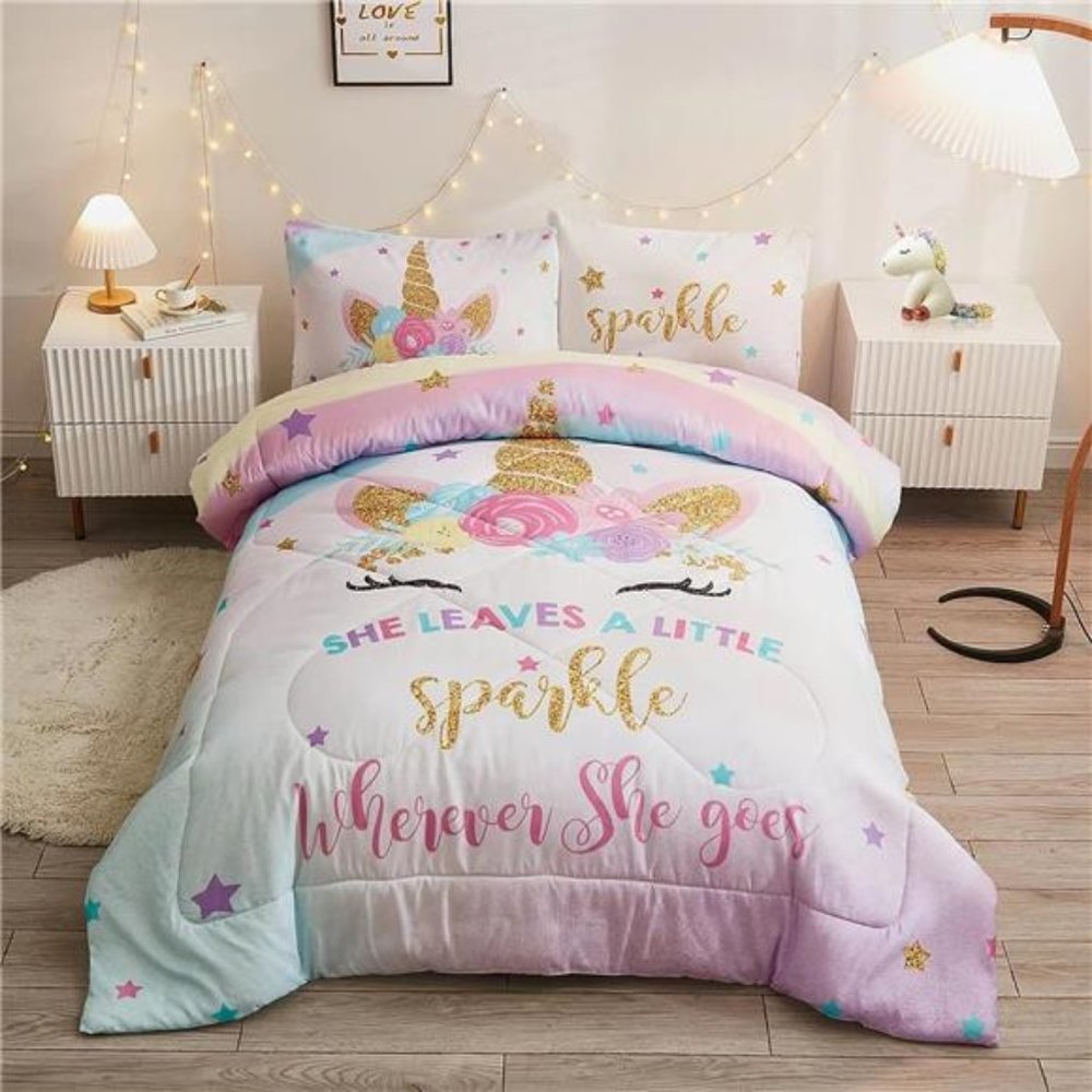 3-Piece Twin Beddings Set for Girls, Unicorn Bedding, Unicorn Comforter Set